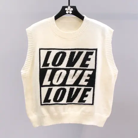 字母提花针织马甲女秋冬2023新款宽松学院风外搭无袖毛衣背心马夹图片