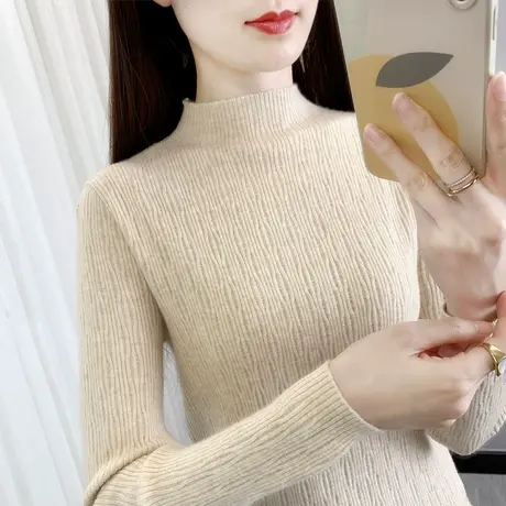 黑色打底衫女内搭秋冬新款长袖针织衫修身百搭短款半高领毛衣套头商品大图