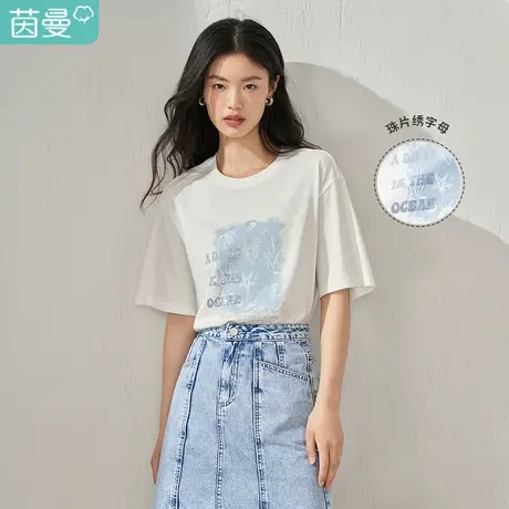【商场同款】茵曼珠片绣印花T恤女2023夏季新款宽松纯棉休闲上衣商品大图