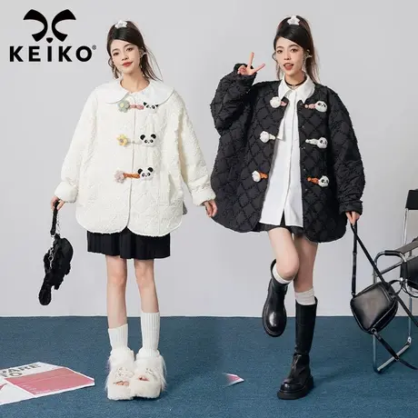 高端菱格绗花轻薄棉服女2023秋冬新款少女感熊猫盘扣饰夹棉外套图片