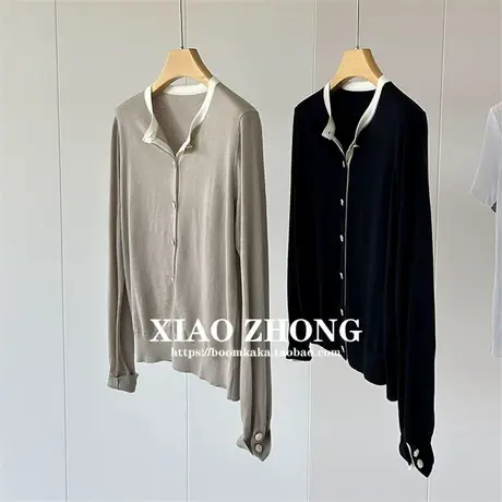 领口撞色宽松慵懒风Jin口细羊毛薄款开衫，圆领长袖针织衫女春夏商品大图