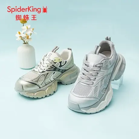 SPIDER KING/蜘蛛王老爹鞋女2025春商场新款网面透气银色运动厚底商品大图
