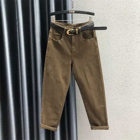 咖啡色牛仔裤女士2023秋季新款简约休闲百搭高腰宽松九分老爹垮裤图片