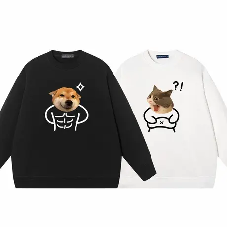 秀洛恶搞惊讶肚肚猫咪衣服腹肌柴犬狗搞笑表情包圆领卫衣情侣装图片