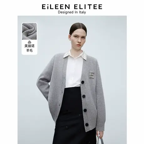 朗姿欧洲EiLEEN ELITEE纯羊毛设计感灰色针织开衫外套2025春新款商品大图