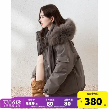 唐狮2024新款灰色连帽羽绒服女冬季加厚鸭绒韩系洋气冬装羽绒外套商品大图