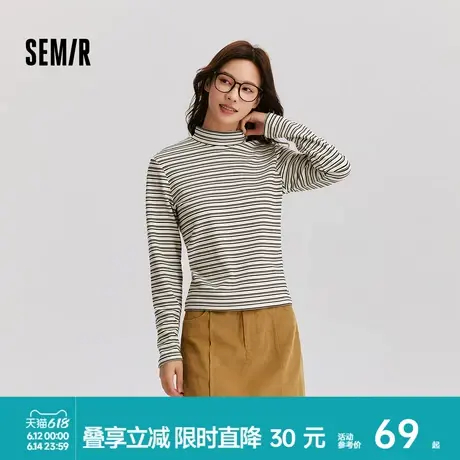 森马长袖T恤女修身磨毛条纹衫2024冬新款半高领内搭舒适打底衫商品大图