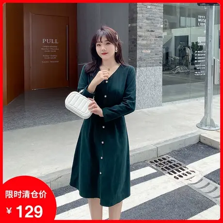 绮娑2023秋新款V领显瘦法式收腰长袖中长款灯芯绒大码胖MM连衣裙商品大图