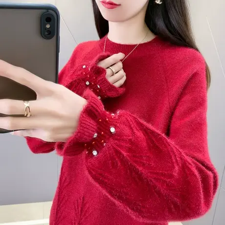 红色圆领毛衣女秋冬新款爆款外穿洋气加厚针织衫上衣内搭打底衫潮图片