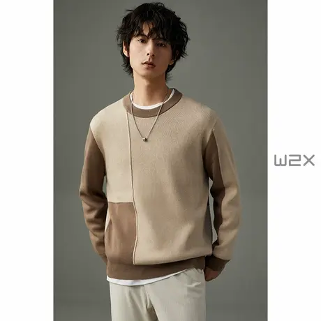 w2x2023秋冬季可机洗毛衣男圆领拼接设计感青年针织衫时尚毛衫潮图片