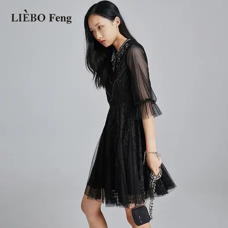 裂帛LIEBOFeng设计师品牌2023年夏国潮刺绣蕾丝花苞袖中袖连衣裙图片