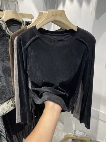 设计感褶皱抽绳金丝绒长袖T恤女2023秋新款斜边拼接打底衫上衣ins图片