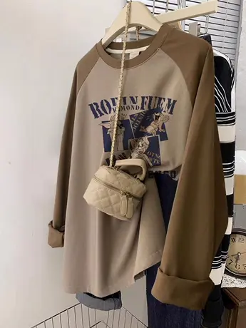 韩系chic慵懒风百搭长袖上衣春秋内搭ins潮大码撞色拼接打底衫T恤图片