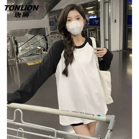 唐狮撞色长袖t恤女2025新款秋季内搭打底衫遮肉显瘦宽松上衣VB商品大图