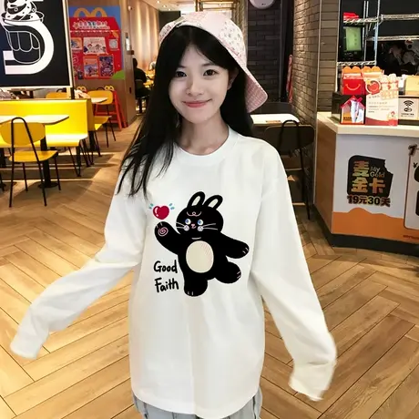 2025新款爆款宽松减龄白色长袖t恤女可爱风卡通印花纯棉正肩上衣商品大图