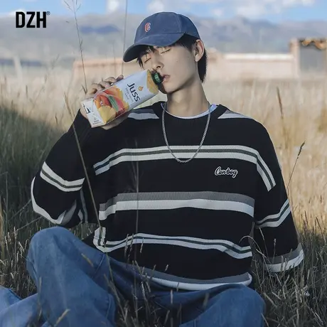 男士慵懒风条纹毛衣男秋冬圆领宽松长袖上衣情侣装外套针织衫线衣商品大图