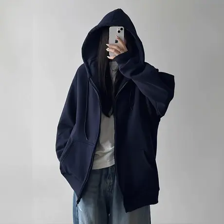 藏蓝色外套卫衣女加绒加厚秋冬季2025新款爆款慵懒风开衫拉链上衣商品大图