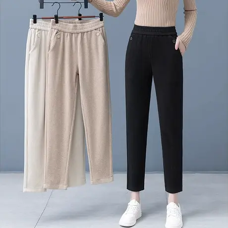 纯色羊绒坑条哈伦裤冬季舒适显瘦百搭小脚萝卜裤高腰气质休闲裤女图片