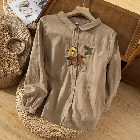 享永子【梦为蝴蝶也寻花】刺绣全棉衬衫女文艺复古休闲上衣商品大图