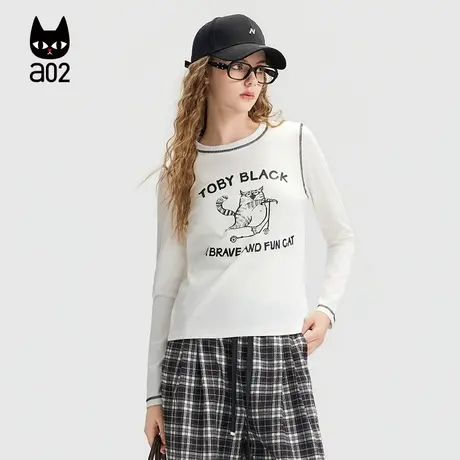 a02黑猫系列宽松圆领白色长袖T恤女2025新款秋季通勤打底衫上衣商品大图