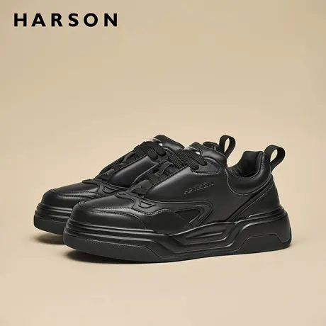 哈森秋季男鞋厚底时尚休闲鞋板鞋男士皮鞋潮流黑武士真皮运动鞋子商品大图