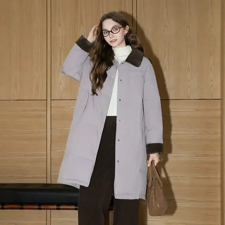 唐狮冬长款羽绒服女过膝翻领拼接灯芯绒撞色宽松少女外套时尚TUTA图片