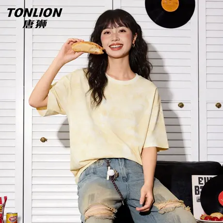 唐狮官方扎染短袖t恤女2026新款夏宽松大码半袖打底衫圆领上衣VC商品大图