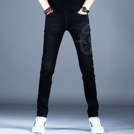 秋款烫钻黑色牛仔裤男潮牌痞帅炸街男士小脚修身裤子潮流男款高端商品大图