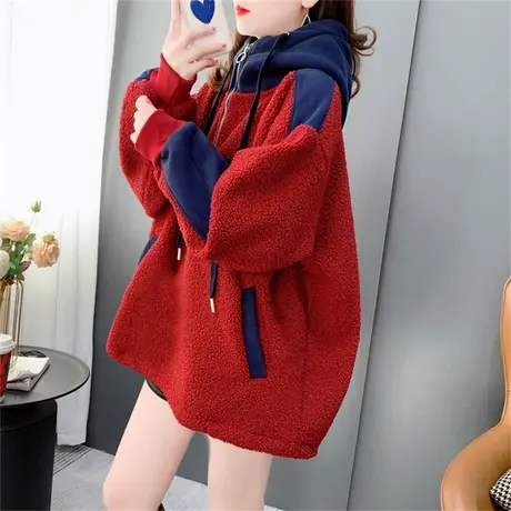 设计感半拉链羊羔毛连帽卫衣女秋冬2022年新款宽松学院风上衣外套图片