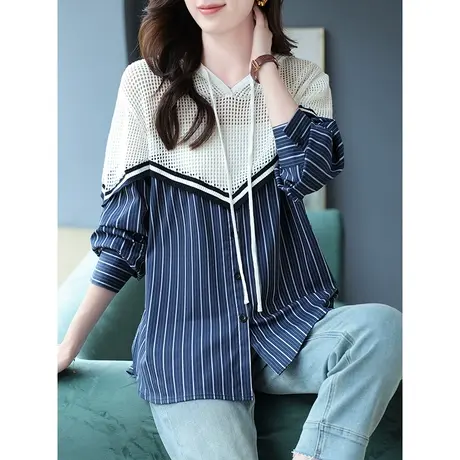 宝诗黎连帽镂空条纹拼接衬衫2023早秋新款时尚设计感套头衬衣女装商品大图