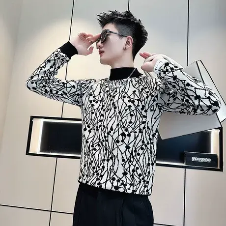 秋冬半高领毛衣男潮流撞色满印内搭针织衫轻熟痞帅发型师打底线衣商品大图