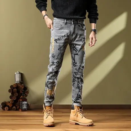 男款修身小脚时尚牛仔裤男士时尚百搭牛仔裤美式高街潮流牛仔裤商品大图