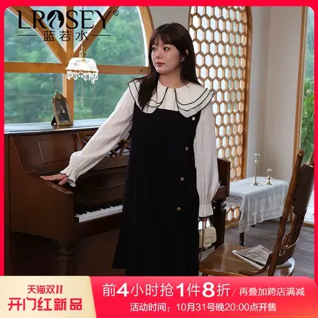 蓝若水大码胖MM冬季新款高级感穿搭遮肚显瘦工字背带灯芯绒连衣裙图片