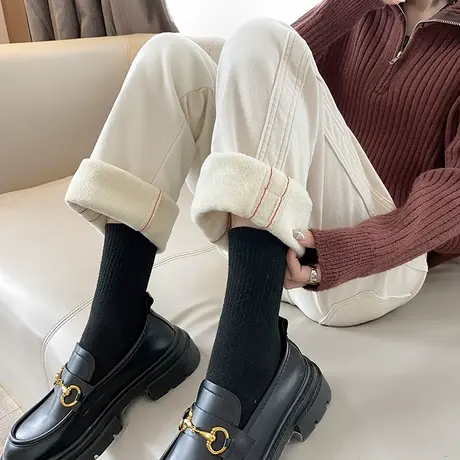 米白色加绒直筒牛仔裤女秋冬季宽松休闲高腰小个子九分显瘦烟管裤商品大图