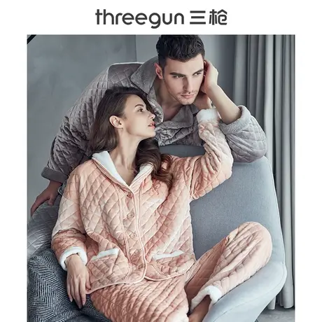 三枪加绒加厚三层夹棉睡衣情侣家居服套装秋冬开襟保暖居家休闲商品大图