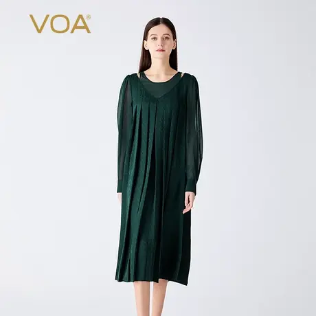 VOA孔雀绿22姆米暗纹提花桑蚕丝圆领拼接乔其丝绸长袖宽松连衣裙图片