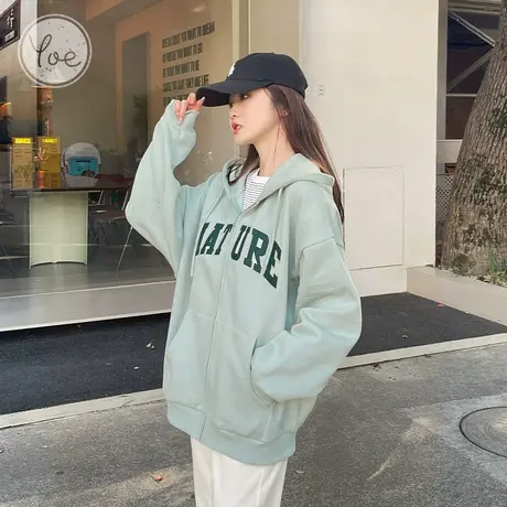 yoe秋装卫衣外套女加绒多巴胺女款美式休闲学生绿色开衫上衣学生商品大图