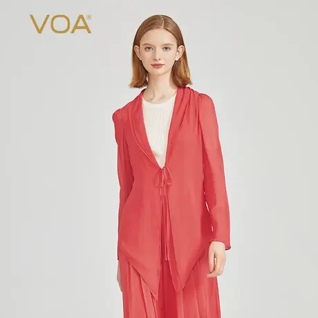 VOA正红轻盈乔其纯桑蚕丝系带泡泡长袖不对称设计真丝外套商品大图