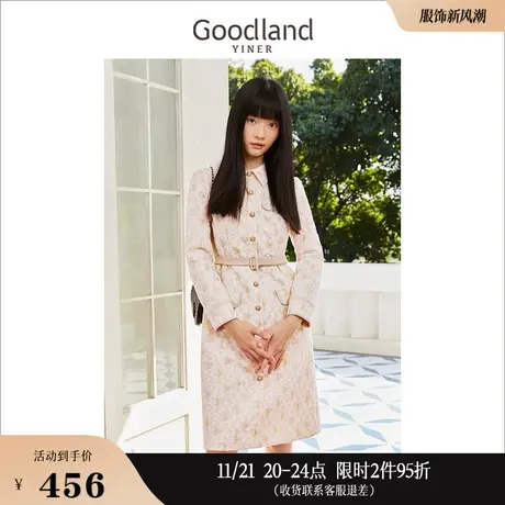 Goodland美地女装冬季钉珠单排扣收腰设计感气质连衣裙图片