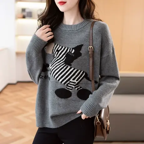 2023秋冬新款韩版宽松圆领套头长袖斑马卡通针织衫毛衣上衣打底女商品大图