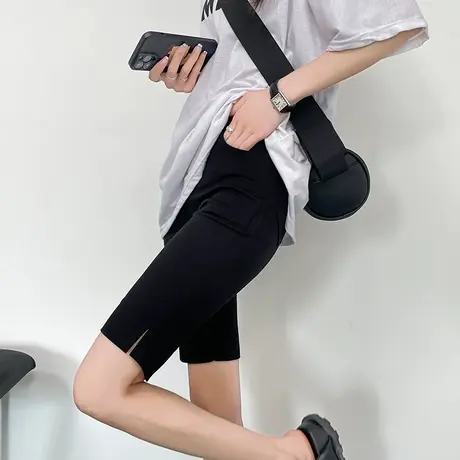 黑色高腰五分骑行裤女夏季2024新款紧身短裤显瘦开叉高弹打底中裤商品大图