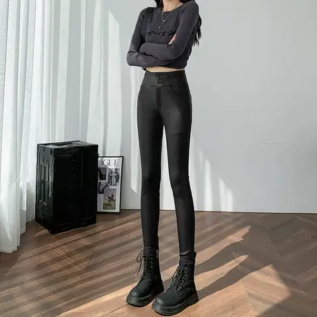 外穿黑色pu皮裤女2024冬季新款高腰紧身哑光加绒小脚铅笔打底裤子图片