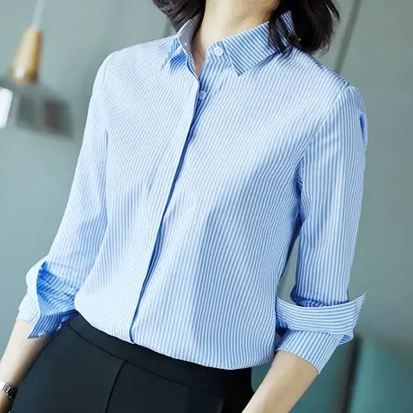 雀后纯棉条纹衬衫女长袖秋装新款法式七分袖职业打底蓝色条纹衬衣商品大图