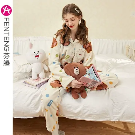 芬腾布朗熊法兰绒睡衣女秋冬保暖套装加绒加厚珊瑚绒加大码家居服商品大图