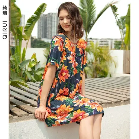 绮瑞家居服女士夏季莫代尔睡裙短袖中裙甜美印花宽松大码妈妈睡衣商品大图