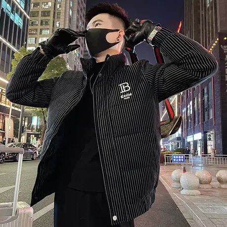 冬季2023新款美式潮牌男士条纹字母棉服外套冬装立领加厚简约棉衣图片