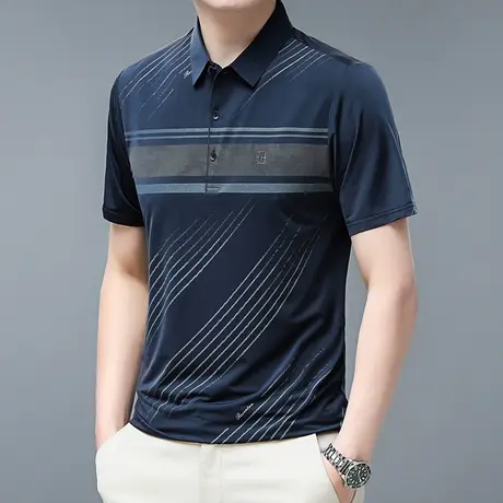 2024夏季新款青年爸爸装翻领polo衫男冰丝休闲商务桑蚕丝短袖t恤商品大图