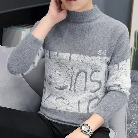 水貂绒毛衣男装针织衫米白色字母提花线衣休闲秋季加厚保暖上衣服商品大图