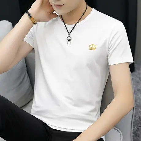 莫代尔白色t恤男士短袖2024新款冰丝冰感夏装上衣服潮流圆领体恤商品大图