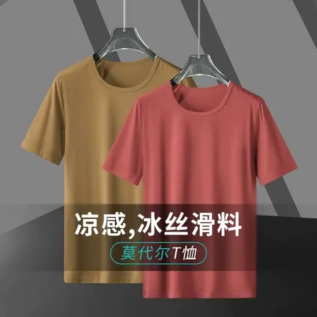 莫代尔短袖t恤男装2024新款夏季冰丝凉感圆领纯色上衣服速干体恤商品大图